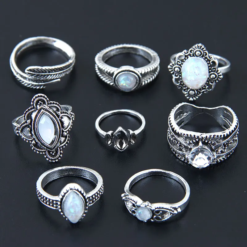 

8 Pieces/Set European Fashion Geometric Leaf Style Vintage Cute Rings Set for Women Classic Bohemian Antique Jewelry Party Gift