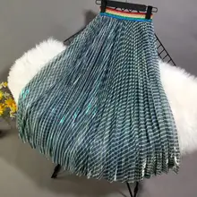 Лето-осень Для женщин зеленый в полоску плиссированные юбки дамы большой качели элегантный марлевая Юбка студентов праздник ветер классическая юбка