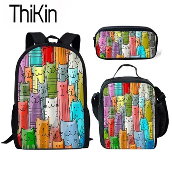 

THIKIN Cute Girls School Bags for Kids Cartoon Cat Printing Schoolbag Children 3pcs/set Primary School Bagpack Student Kitty Bag