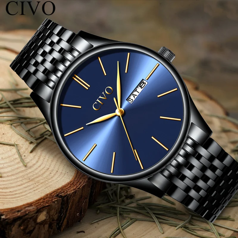 

CIVO Top Brand Luxury Men Watch Chronograph Male Fashion Blue Face Quartz Watch For Men'S Steel Band Waterproof Reloj Hombre