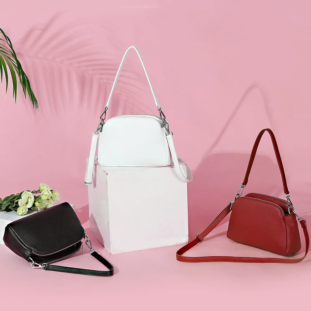 Najtaniej Zency 100% prawdziwej skóry mody kobiet torba na ramię białe torby powłoki dwa zamki zamknięcie elegancka torba na ramię czarny