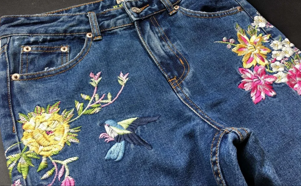 2017 Europe and the United States women\'s three-dimensional 3D heavy craft bird flowers before and after embroidery high waist Slim straight jeans large code system 46 yards (14)