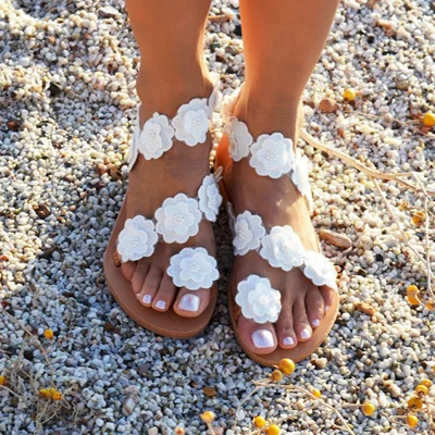 Летние женские сандалии цветок Туфли без каблуков в богемном стиле пл - Цвет: White