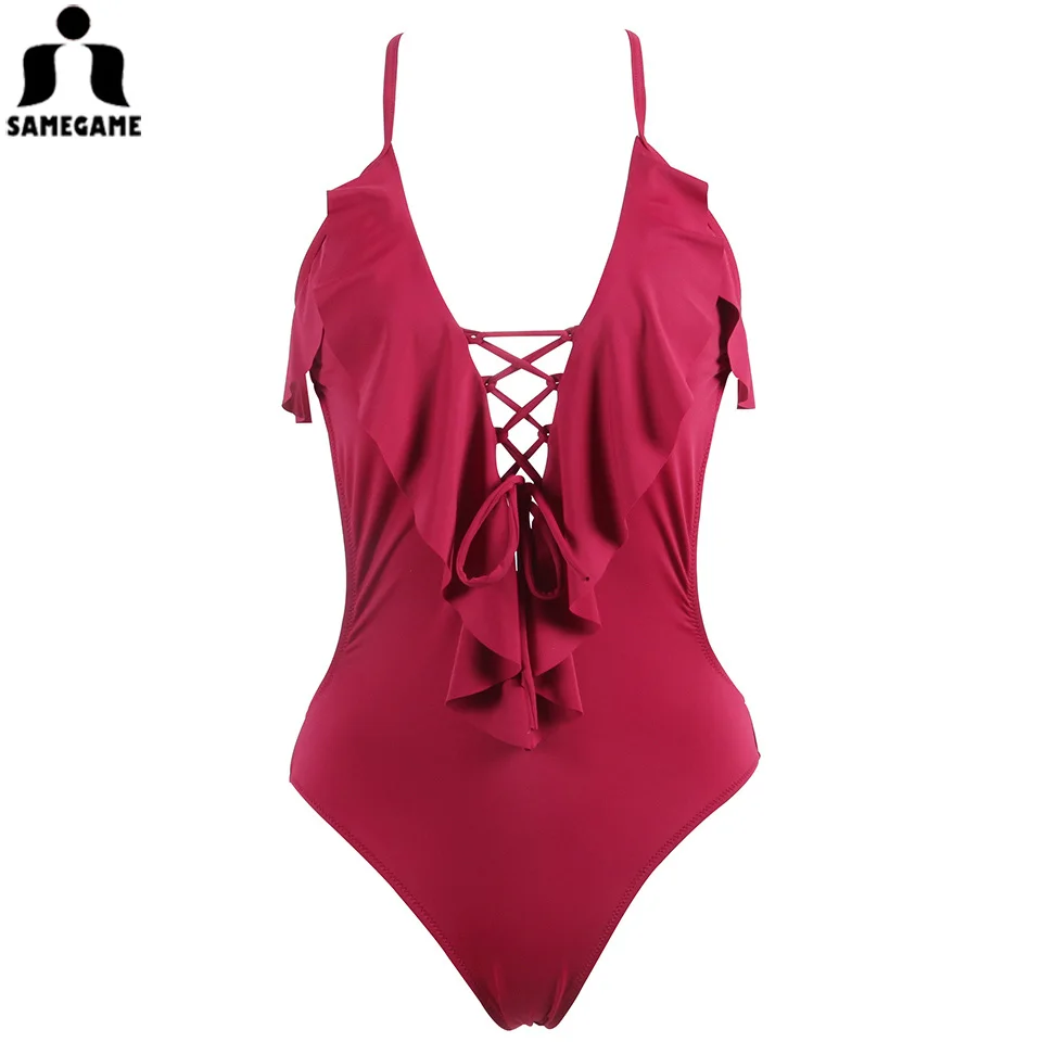 

SAMEGAME Falbala 2019 New Bandage Swimwear Women One Piece Swimsuits Female Swimsuit Summer Beach Wear Bathing Suit Monokini