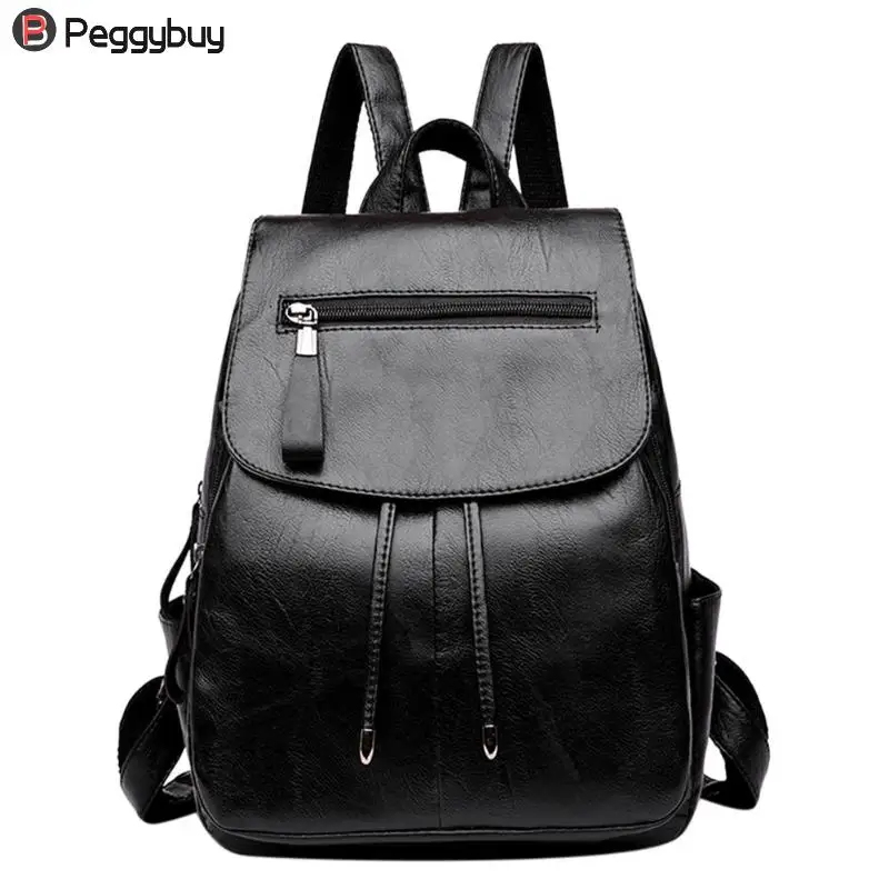 PU Leather Backpack for Women New Black Schoolbag Zipper Travel