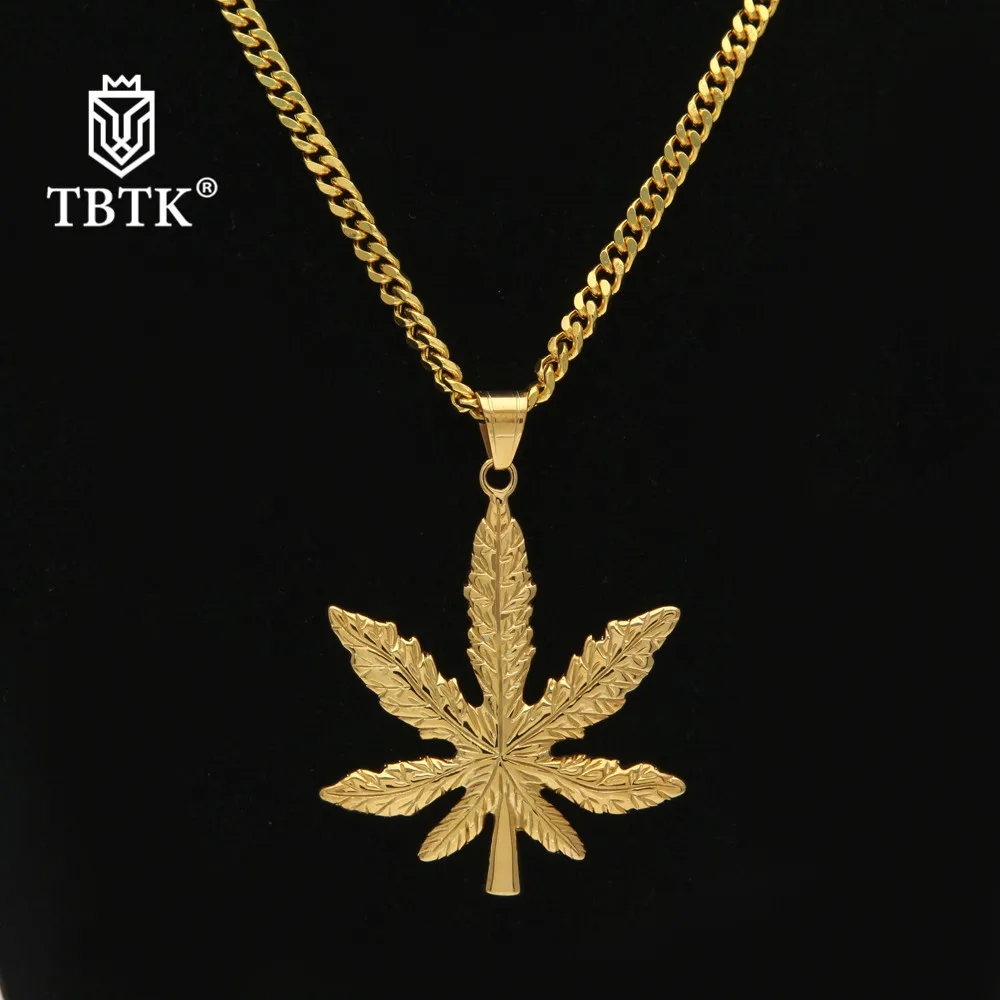 

TBTK 7*5cm Big Size Hemp Leaf Pendant Gold Metal Pattern Retro Simple Style Western Style Jewelry Unisex Punk Pendant Necklace