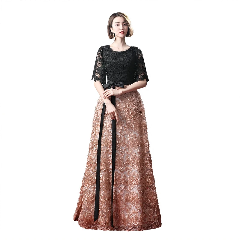 plus size gowns Ladybeauty Vintage Black A-Line Lace Long Evening Dresses Half Sleeves Beaded scoop neck long appliques evening dress prom dress formal gowns for women Evening Dresses