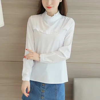 

Sweet Elegant Ruffels Chiffon Women's Shirt Blouse O-Neck Long Sleeve Ladies Office Shirts Fashion Casual Slim Tops Summer