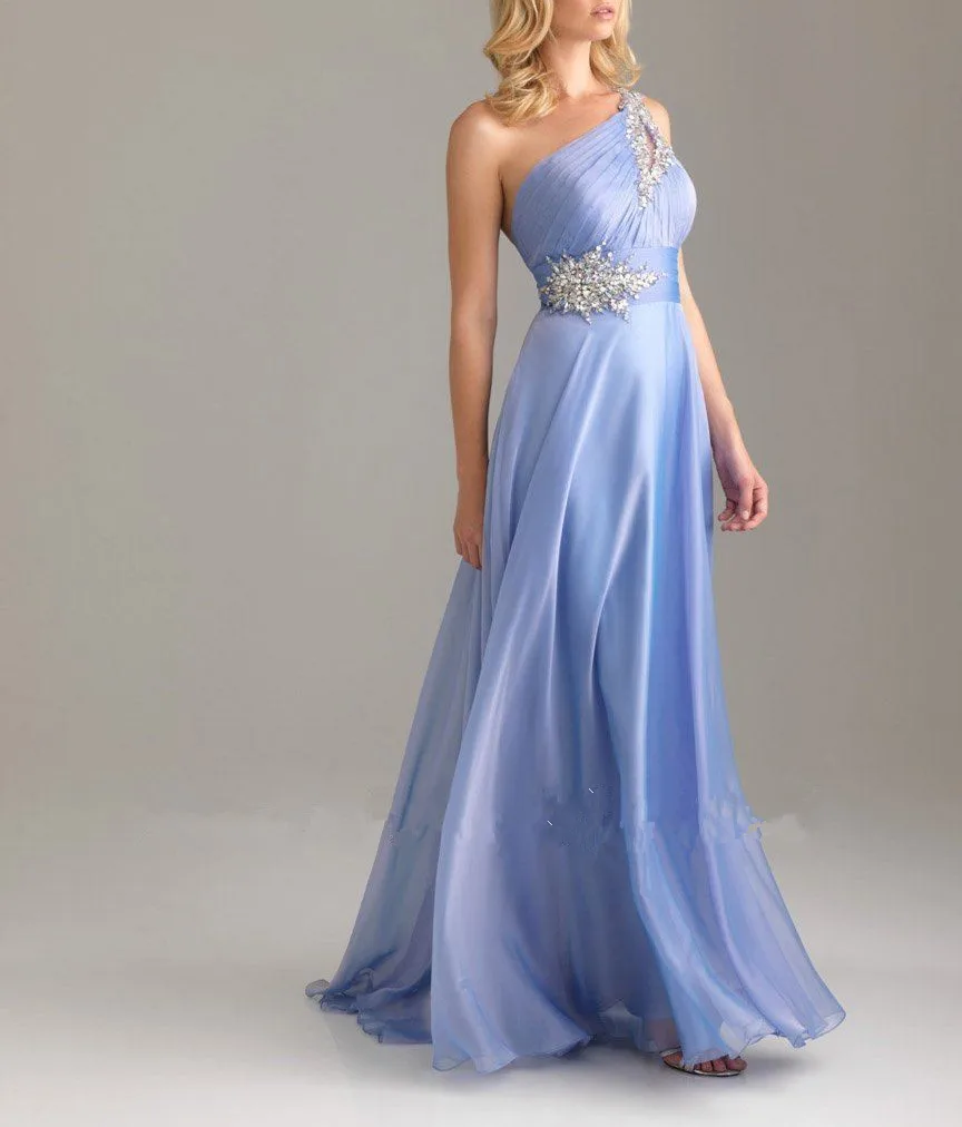 

Real Photos Chiffon Fabric Handmade Pleat And Beading Party One Shoulder Evening Dress OL102072