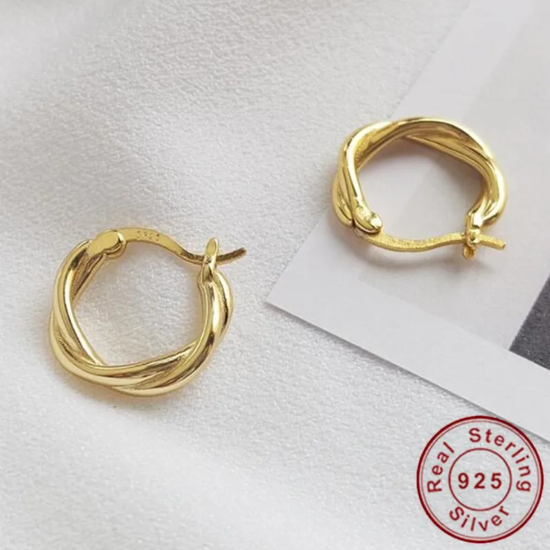 

Vintage Small Gold Color Hoop Earrings Western Women 925 Silver Twisted Earrings