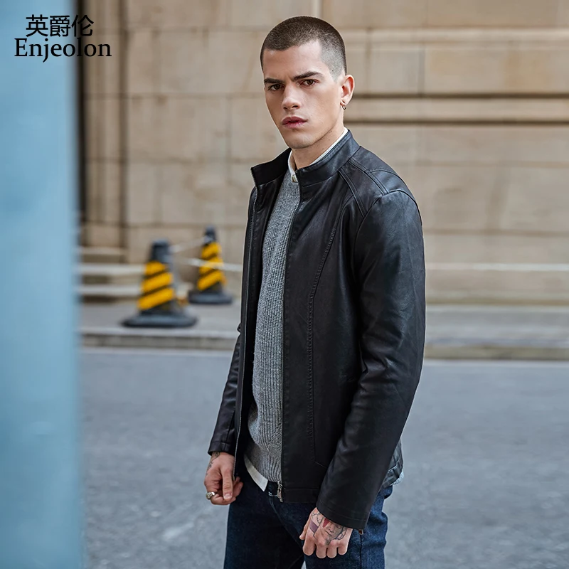 Мужская мотоциклетная куртка Enjeolon черная большого размера 3XL P202|male leather jacket|brand