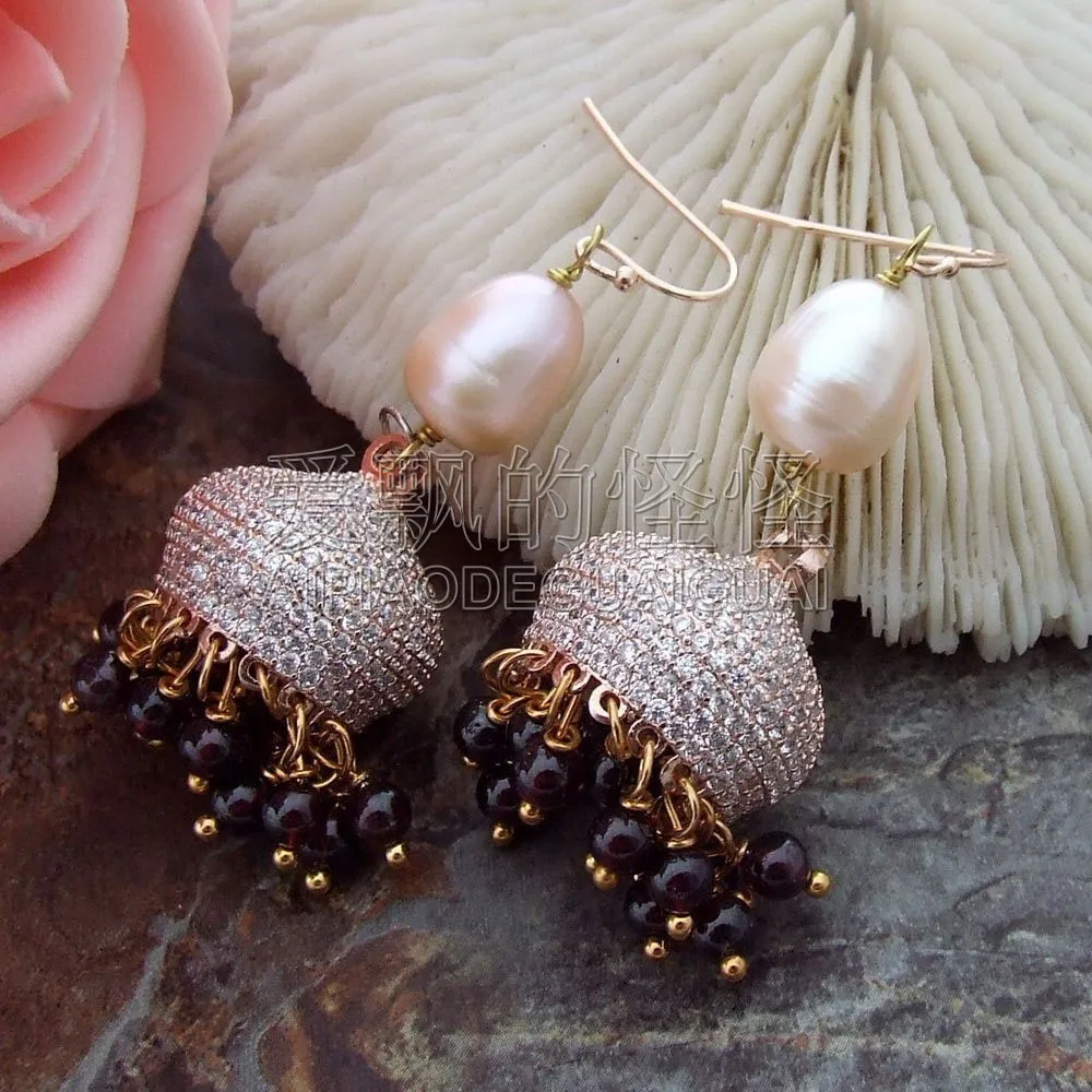 

E091112 2.1" Pearl Garnet Earrings CZ Fitting