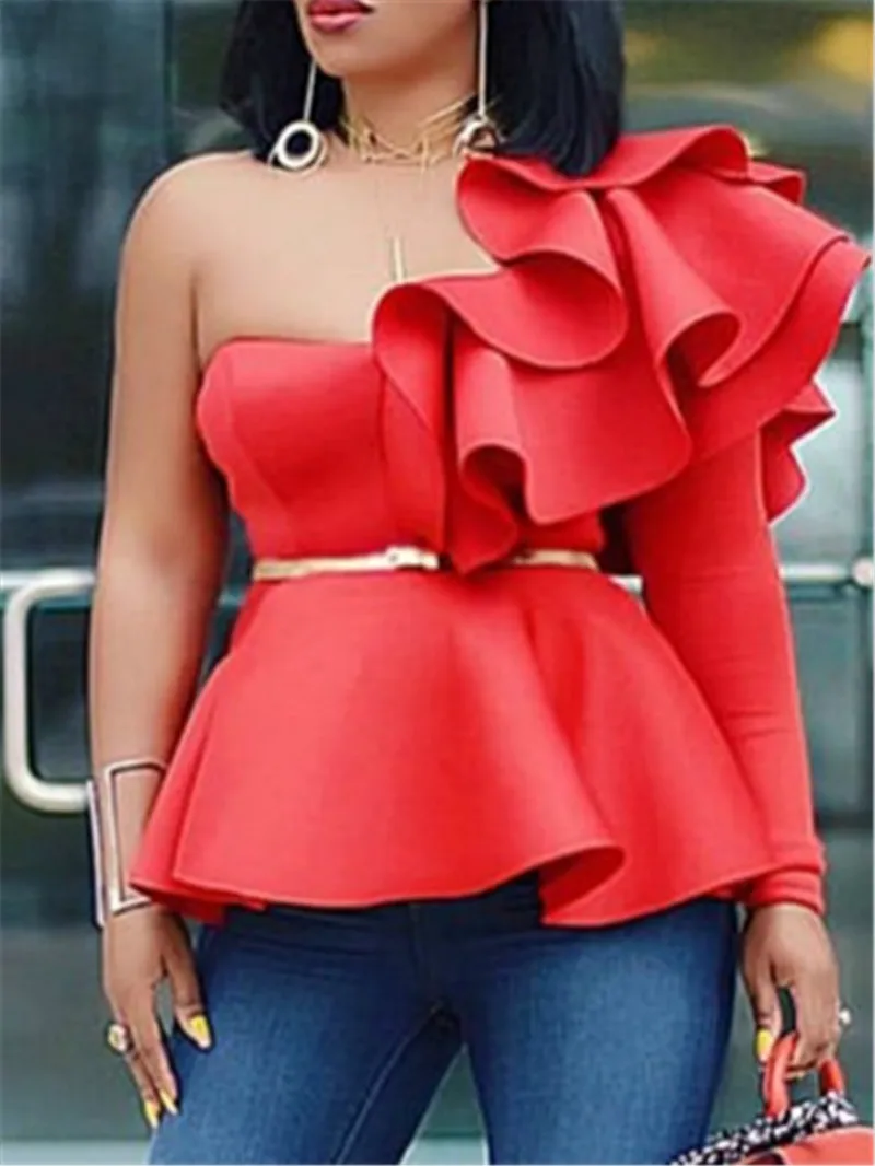 

Women Blouse Tops Shirts One Shoulder Sexy Peplum Ruffles Slim Party Wear 2019 Summer New Fashion Elegant Ladies White Red Bluas