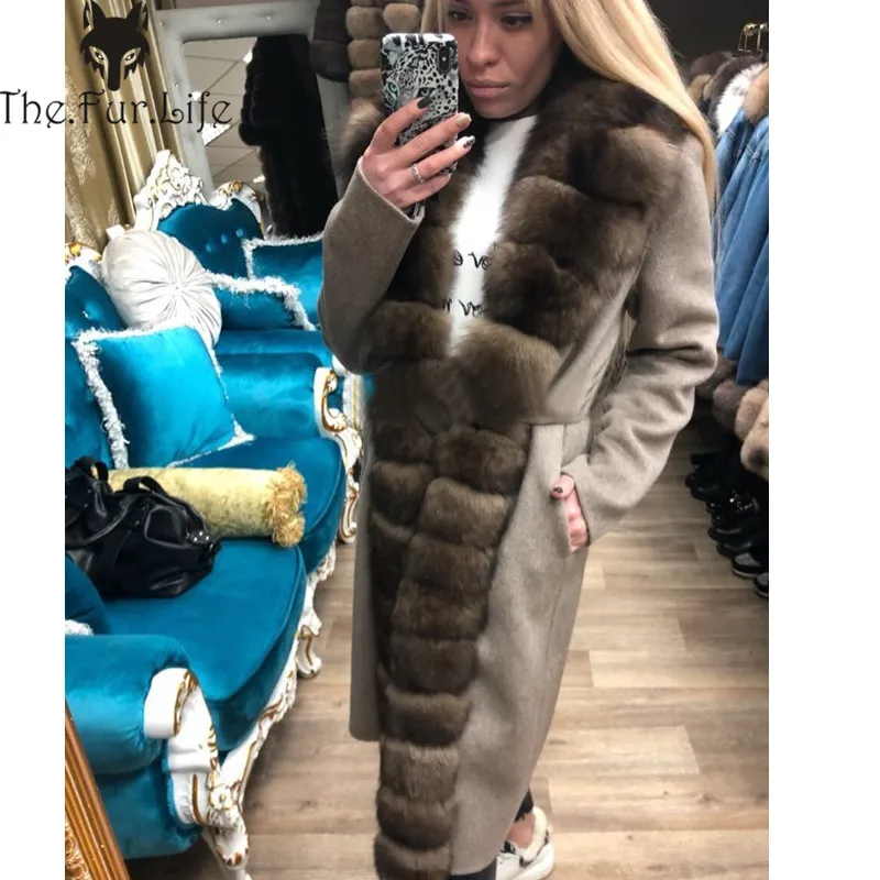 Fashion Double-sided Woolen Blend Natural Real Fox Fur Coat With Belt Genuine Leather Jacket Women New Real Fur Jacket Women