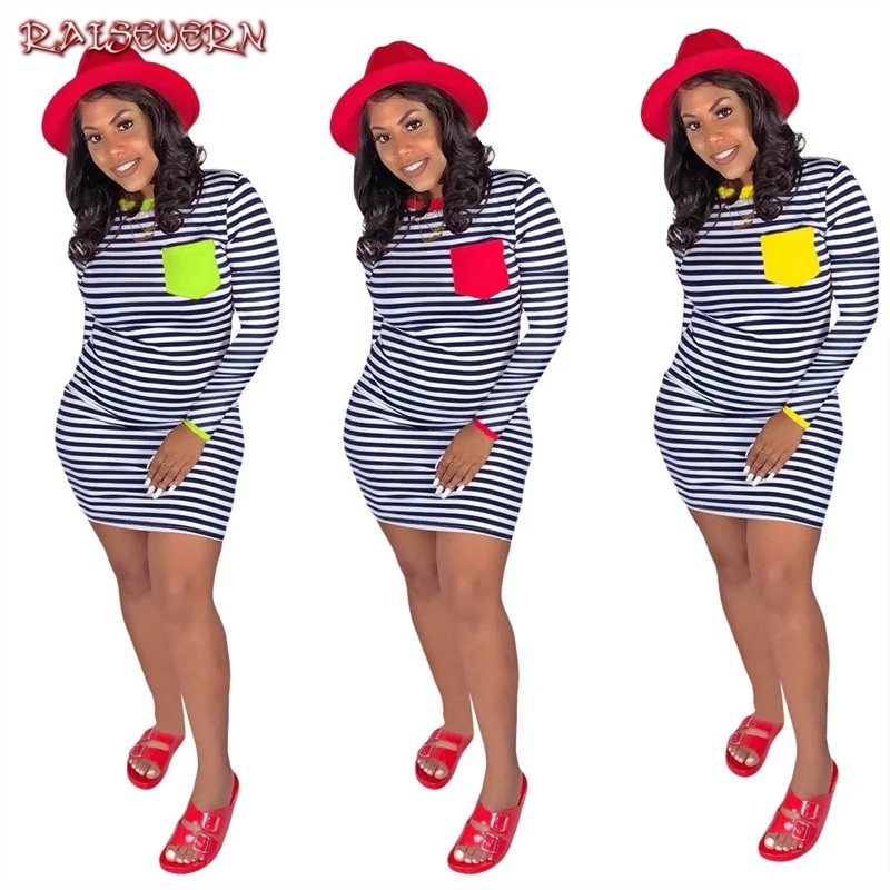 

2019 Summer Round Neck Short-sleeved Dress Black And White Striped Pocket Dresses Casual Elegant Sheath Slim Dress Dropshipping