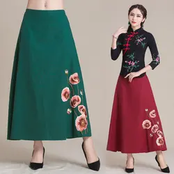 Традиционная китайская одежда 2019 Женская Осень Весна Этническая оригинальная длинная синяя зеленая красная Цветочная трапециевидная
