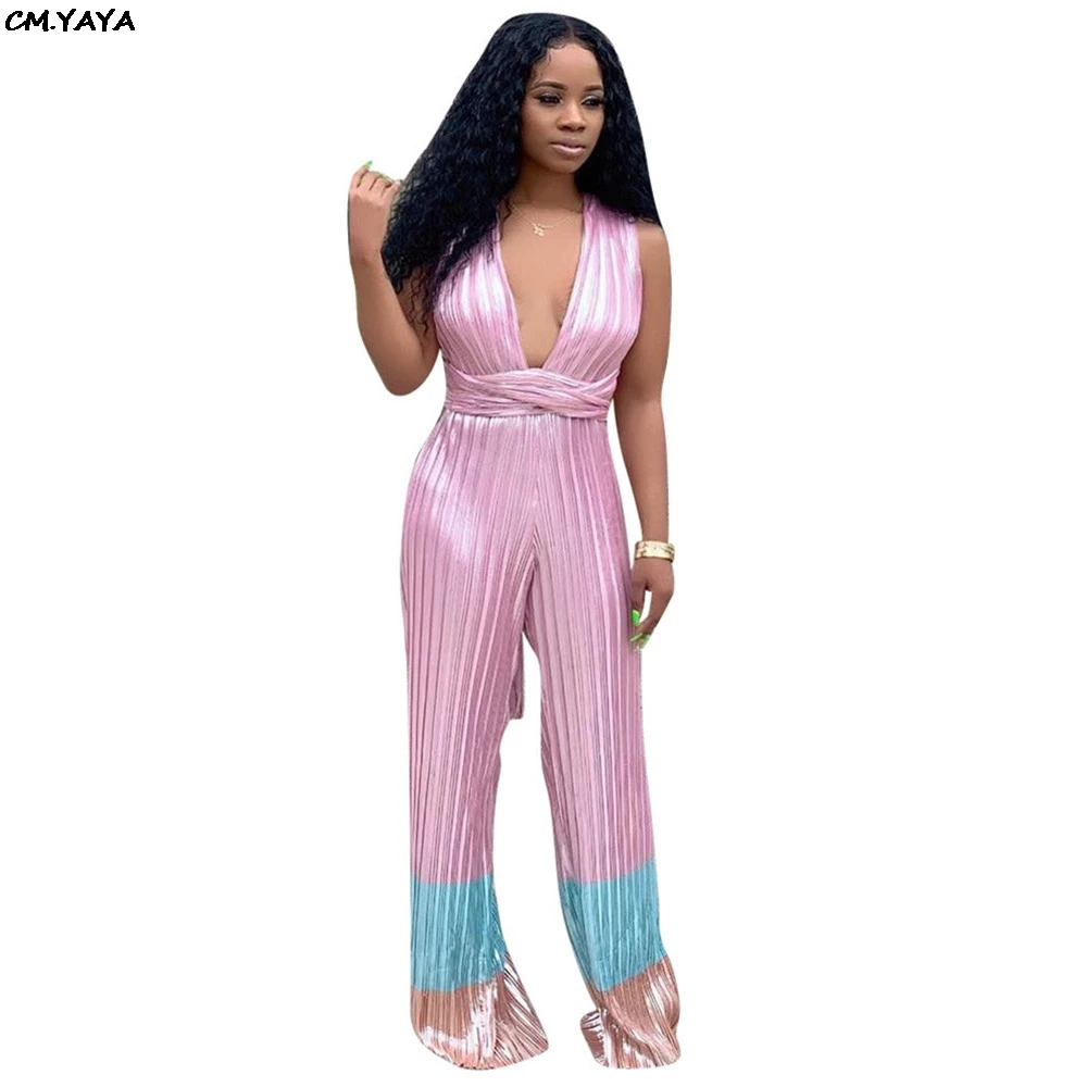 

2019 new women summer halter deep v-neck with sashes stripe pleated wide leg jumpsuit beach sexy party romper playsuit GLLSD8338