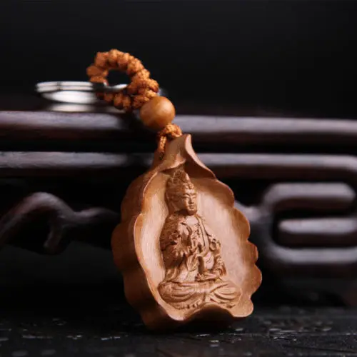 

Kwan Guan Yin Leaf Wood Carved Sculpture Chinese Pendant Key Chain Keyring