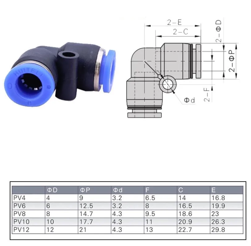 Каждый пневматический соединитель нажимной в Локоть Фитинг PV 4 6 8 10 12 14 16 мм для воздушного/водяного шланга и трубки