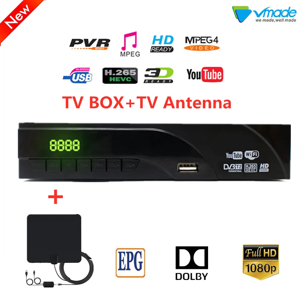 Vmade DVB-T2 H.265 tv box+TV Antenna DVB T2 in Terrestrial TV receiver box with TV SCART support AC3 Youtube TPTV Set Top Boxes