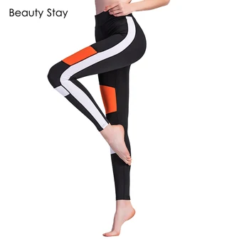 

Beauty Stay Women Leggings Workout Orange Patchwork White Side Stripes Sexy Quick Drying Slim Girl Black Sports Pants