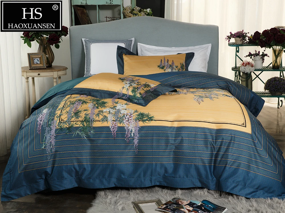 

High Quality Egyptian Cotton 4pcs Bedding Sets Pastoral Style Printed Bed Linens 650 Thread Count Sheets Set Queen King Size