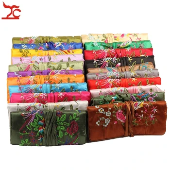 

10 Pcs Chinese Wind Silk Pouches Embroidery Silk 3 Zipper Bag Ring Pendant Jewelry Storage Organizer Traveling Roll Bag 27*20 CM