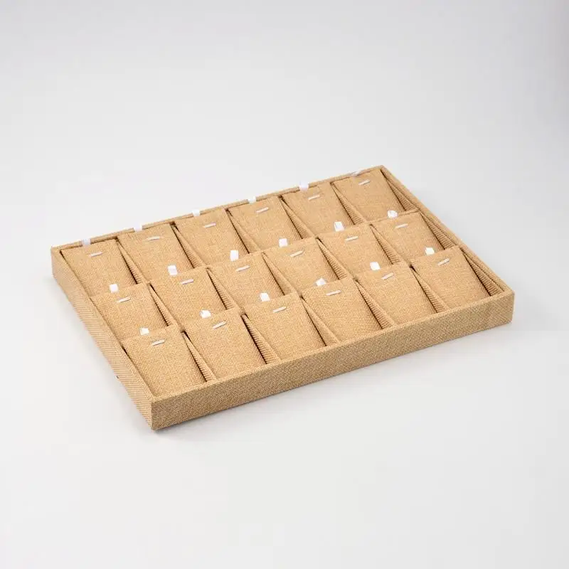 

Cuboid Wood Pendant Nacklaces Display Boxes, Covered with Burlap Cloth, 18 Compartments, BurlyWood, 24.1x35x3.2cm