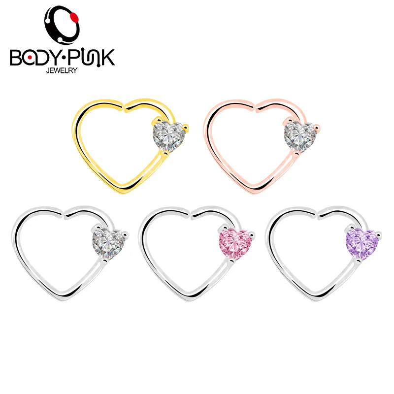  BODY PUNK Jewelry Heart CZ Left Closure Daith Cartilage 16 Gauge Heart Tragus Earrings 5 Colors Micro Circular Barbell Nose  (18)