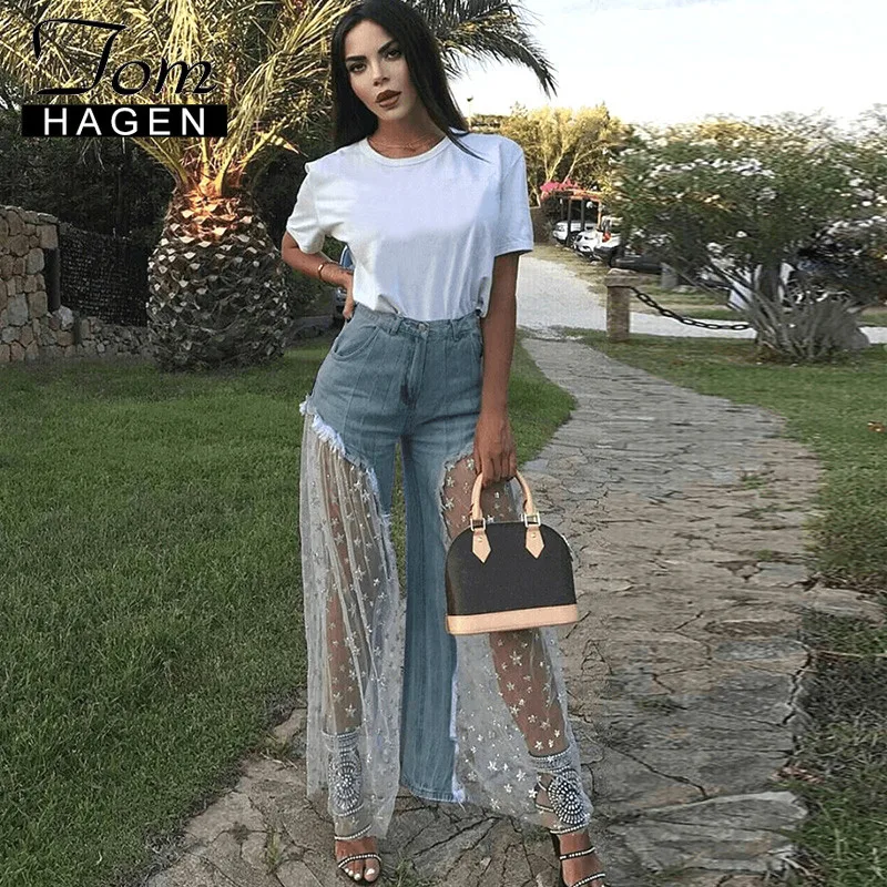 Tom Hagen Sexy Wide Leg Pants Denim Womens Flare Pants Bell Bottom Jeans High Waist Mesh Pants Women Fashion Nova Jeans Trousers