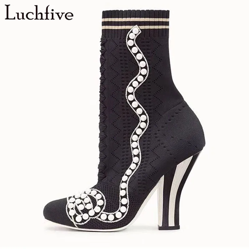 

Casual Knitted Elastic Socks shoes stripe high heels embroidery pearled Ankle Boots for women Wool Short Boots Female Booties