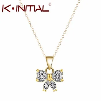 10Pcs 2016 Gold Plated Crystal Zircon Cute Bow Pendants Necklaces Fashion Summer Choker Bowknot Necklace for Lady Sweater Bijoux