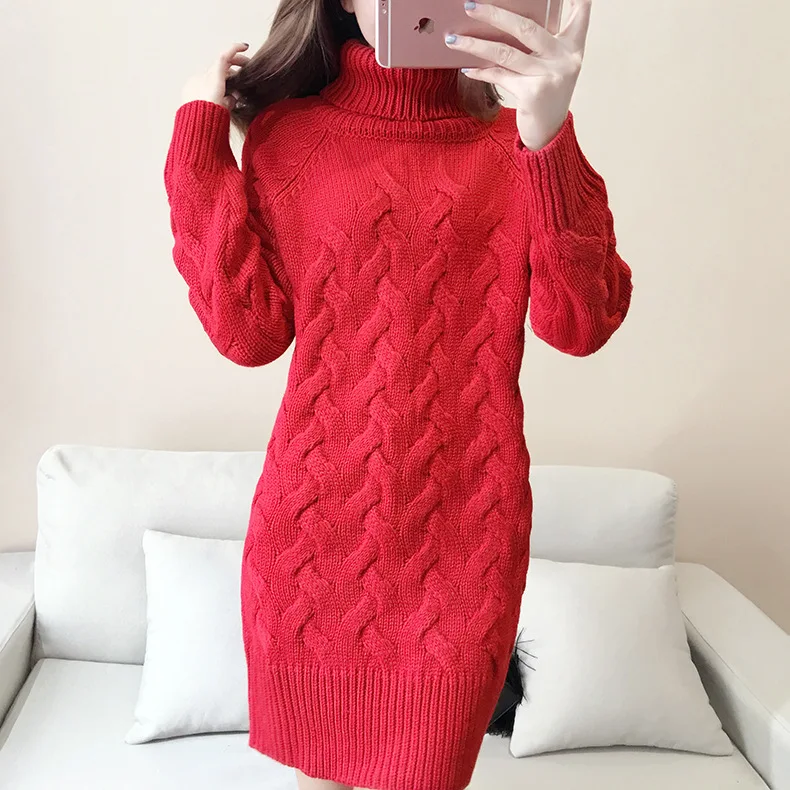Red Women Winter Sweater Dress Knitted Dress Long Sleeve Warm Dresses Long Winter Dresses Red