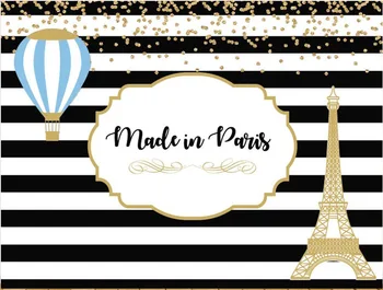 

custom baby shower party paris eiffel tower hot air balloon black and white striped background Computer print party backdrop