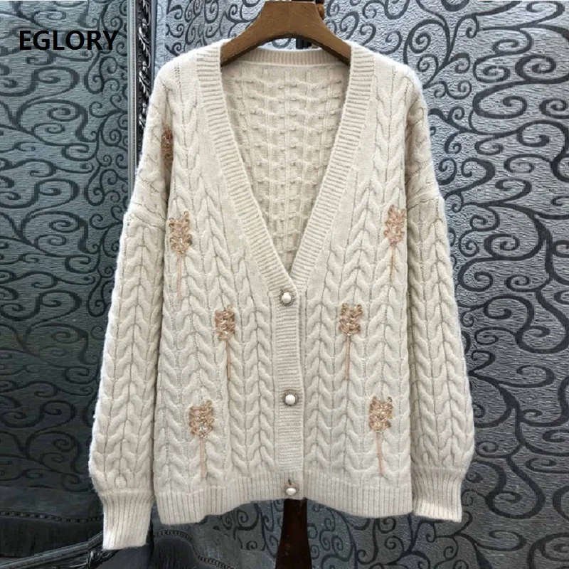 

2019 Autumn Fashion Sweater Cardigans Women V-Neck Sequined Beading Long Sleeve Casual Plus Size Cardigans Coat Female Knitwear