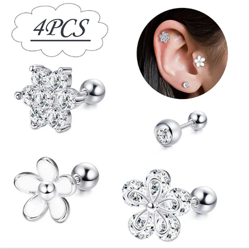 

2 pcs Stainless Steel White Crystal Rhinestone Flower Wedding Stud Earring Women Fashion Jewelry Accessories