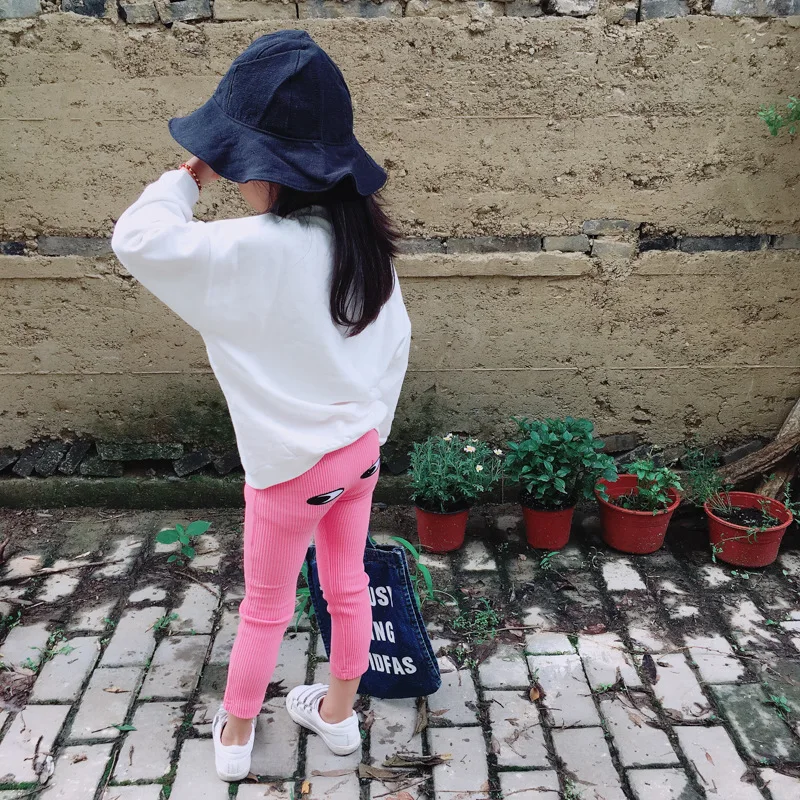 Осенние корейские леггинсы для девочек хлопковые ребристые брюки с вышитыми глазами леггинсы для девочек тонкая одежда для детей