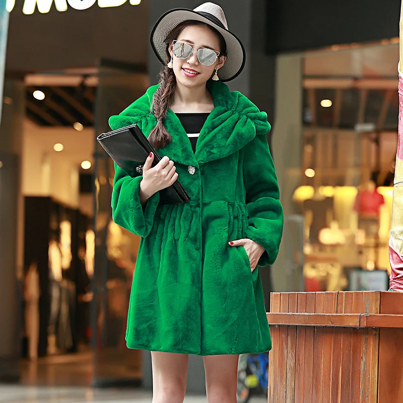 

Nerazzurri Winter Faux fur Coat Women with big hood Long sleeve Plus Size Jacket Green Luxury Pleated Female Fake Fur outerwear