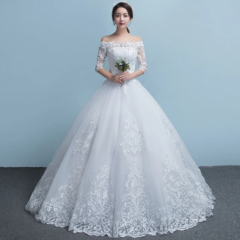 

Luxury Boat Neck Half Sleeves Ivory Beautiful Lace Embroidery Wedding Dress Saudi Arabia Bridal Wedding Gowns Dubai