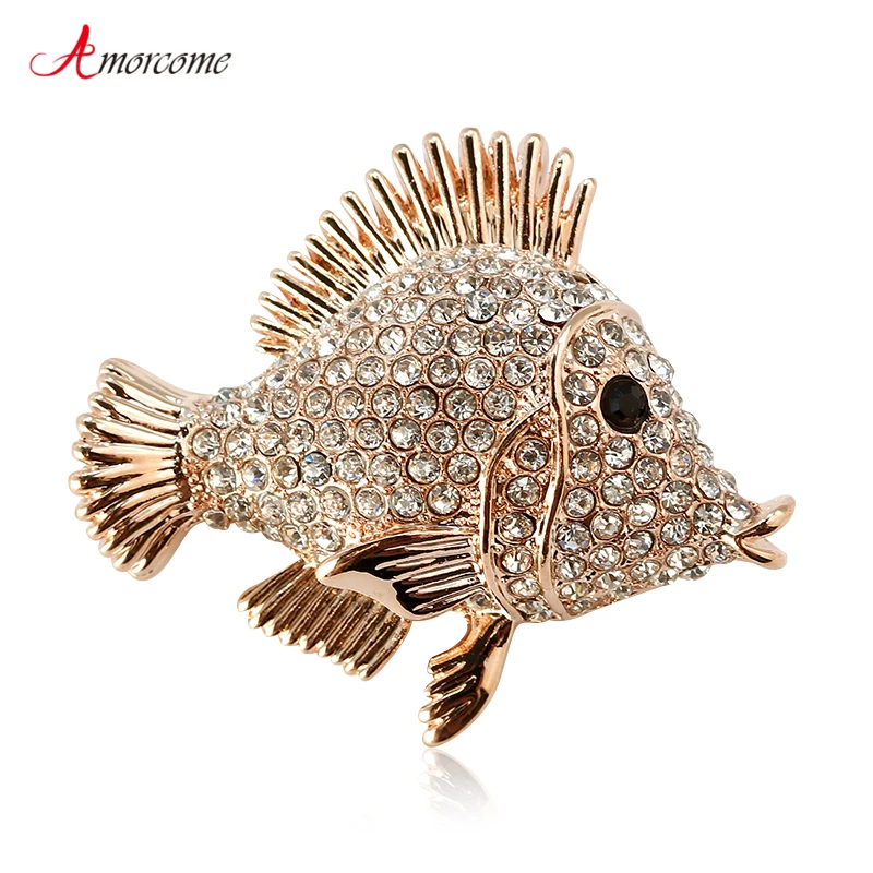 

Amorcome Cute Tropical Fish Brooches for Women Cubic Zirconia Animal Brooch Pins Girls Suit Accessories Summer Style Party Gifts