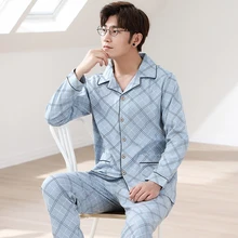 Весна и осень хлопок с длинным рукавом полосатый мужской пижамный комплект с отложным воротником досуг мужской одежды L-XXXL 8139