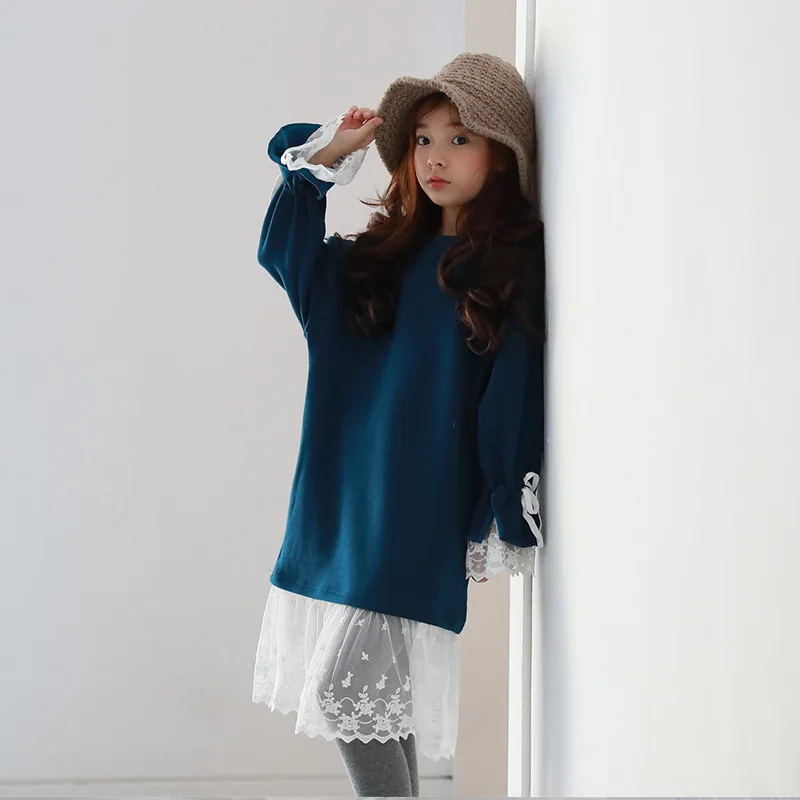 

Girls Dresses Lace Patchwork Knee-length Dress Causal Lace Patchwork Bow Knit Long Sleeve party Straight autumn Clothing 4-15Yrs