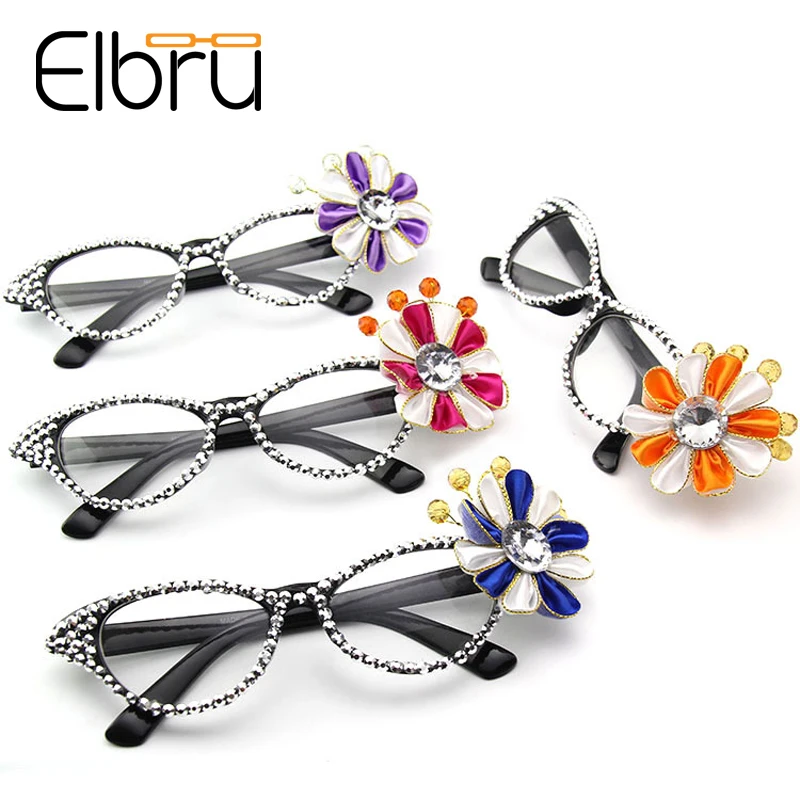 

Elbru Women Flower Cystal Glassses Frame Cat Eyes Eyeglasses For Female Party Prom Eyewear Decoration Photo Booth Props