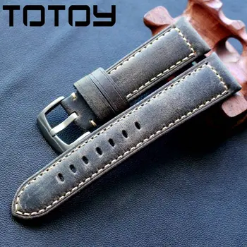

TOTOY Handmade Gray Leather Watchbands, 20MM 22MM Outdoor Military Watch Retro Calf Leather Strap,Rough Wind Strap
