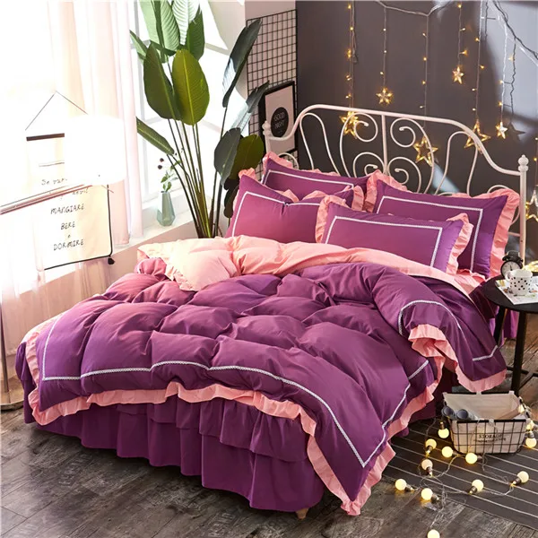 Розовое кружево Принцесса Свадебные постельные принадлежности Высокое качество домашний текстиль queen King size модное одеяло покрывало комплект кровать юбка наволочки - Цвет: style3