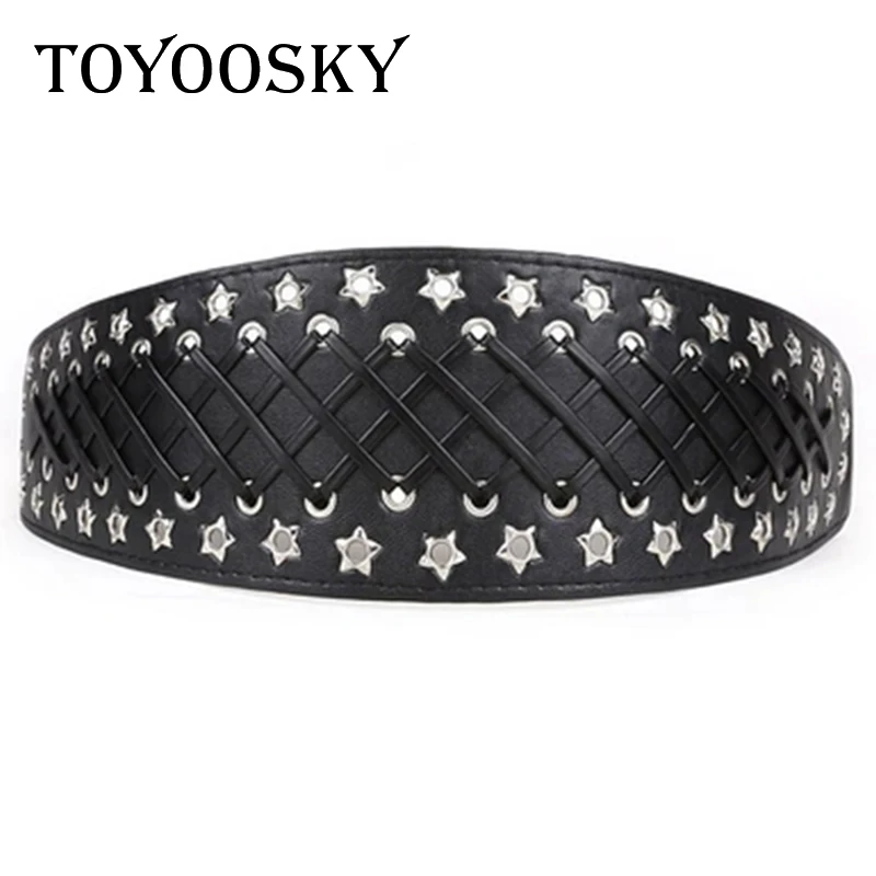 

2018 Women Belts Elastic Hollow out Rivet PU Fashion Black Wide Belt for Overcoat Dress High Quality Belts for Female TOYOOSKY