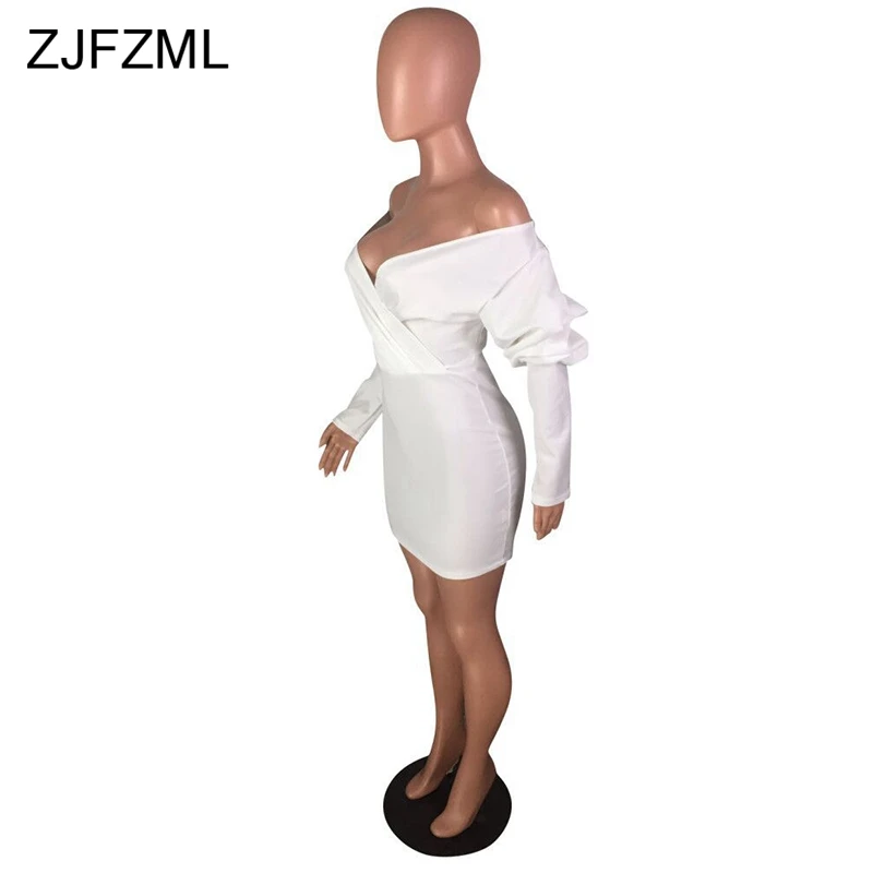 Пикантное облегающее платье с длинным рукавом-фонариком, женское белое платье с глубоким v-образным вырезом и открытыми плечами, посылка в стиле хип-хоп, Повседневное платье с открытой спиной и высокой талией