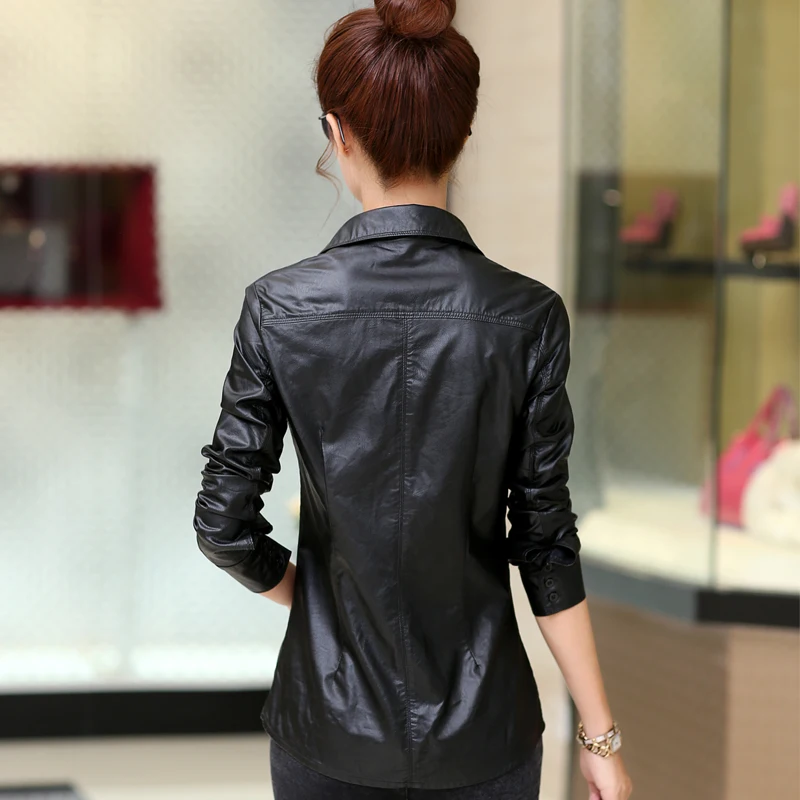 Винтажная Весенняя рубашка из искусственной кожи, женские блузки, модные повседневные женские рубашки с длинными рукавами, осенне-зимние черные рубашки DM2365