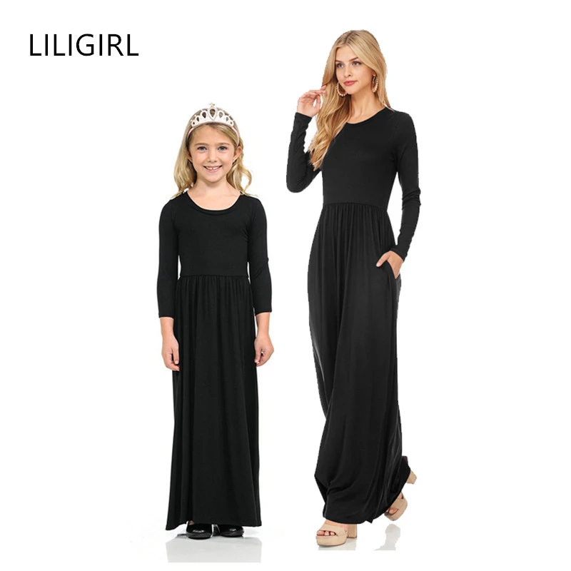 LILIGIRL длинное платье для девочек платья мам и дочек однотонное мамы дочки