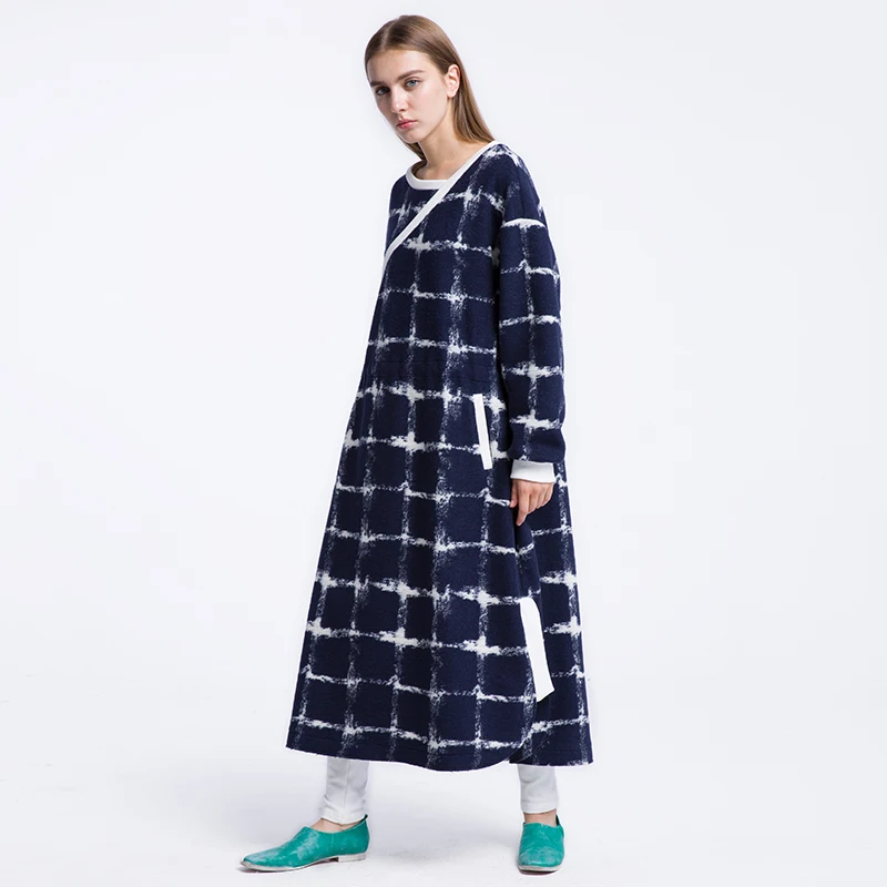 Lâche Laine Nouvelle 2016 Automne Casual Ch220 Originale Longues Bleu Manches Maxi Arrivée Taille Conception Femmes Robe Plaid La Plus Réglable FYYgqB6